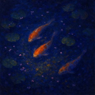 A koi pond seen from above, orange and white koi fish swimming among lily pads, clear water with subtle ripples, fallen cherry blossom petals floating on the surface, dappled sunlight