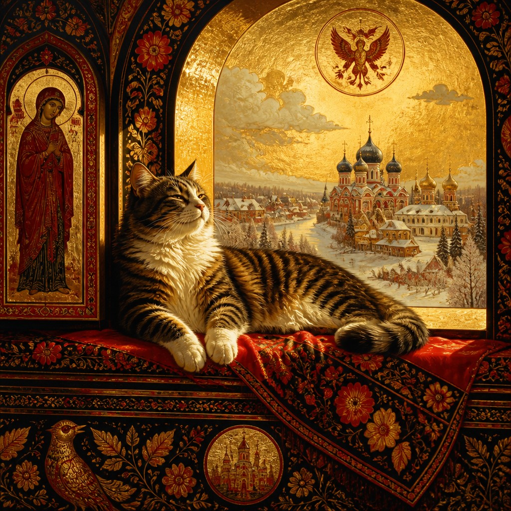 a cat lounging in a sunlit window — Russian Art Style