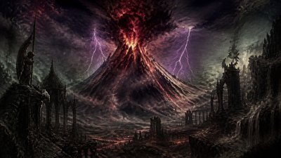 an erupting volcano with lightning strikes, dramatic wide composition, no text