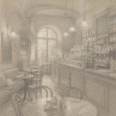 cozy cafe interior with warm lighting