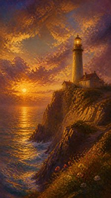 a lone lighthouse on a cliff at dusk under a dramatic sky, no text or lettering