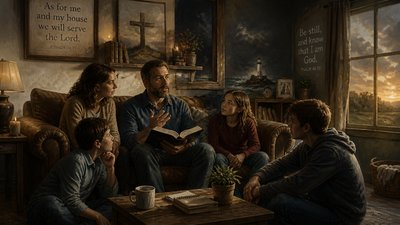 father holding an open Bible while sitting on a couch explains a passage while wife and children of different ages are gathered around him