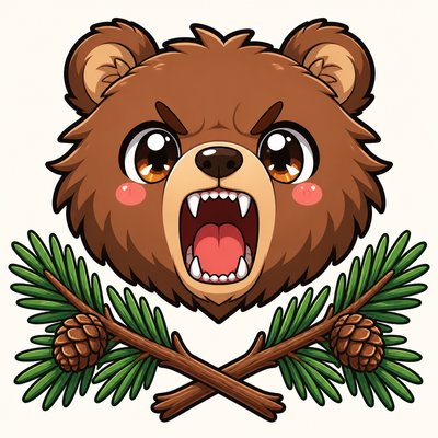a roaring bear head above crossed pine branches, bold graphic composition on a plain background, no text