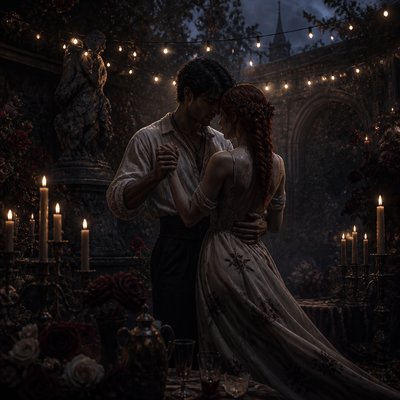an original couple dancing under string lights in a garden at dusk: a man with short black hair in a linen shirt and a woman with braided red hair in a summer dress