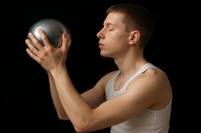 a man in a tank top holding a silver ball