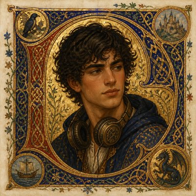 head-and-shoulders portrait of an original character: a young man with curly dark hair and headphones around his neck, plain backdrop, no text