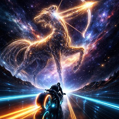 Neon-Futurism Digital Art Style, Bioluminescent Sci-Fi Cosmic Setting, Extreme Low-Angle Perspective. A breathtaking shot looking up from the level of the highway, emphasizing the colossal height of the constellation above.

The Rider & Bike Consistency: The lone motorcyclist—in the exact same sleek, armored suit with integrated helmet—is speeding forward on the same hubless "light-cycle" sportbike. The cyan and orange neon wheel rings leave a perfectly straight, vibrant light trail on the road, reflecting off the glossy surface.

The Path (The Ecliptic): The glowing blue laser-grid highway continues into the distance, appearing as a thin line of light compared to the massive figure towering over it.

The Sagittarius Presence: Looming directly over the highway is the colossal, majestic form of Sagittarius, a centaur made of shimmering stardust and golden data-lines. He is positioned so that the highway passes directly between his towering front legs. Above the rider, the centaur’s torso is twisted as he pulls back a massive longbow made of pure white light.

The Action: An arrow of concentrated solar energy is notched in the bow, pointed toward a distant star cluster. The rider is captured in the moment of passing directly beneath the centaur's underbelly, surrounded by the glow of the "horse" body’s starlight.

Atmosphere: The scene is dominated by golden and white light from the centaur, contrasting with the deep indigo of the cosmic void and the sharp cyan of the bike's neon.