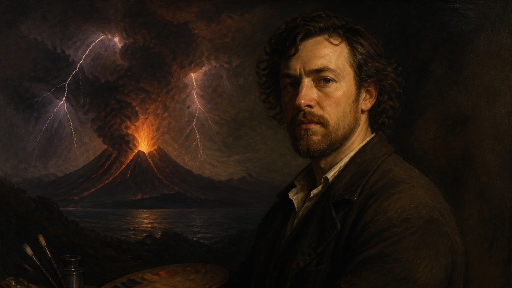 an erupting volcano with lightning strikes, dramatic wide composition, no text