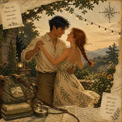 an original couple dancing under string lights in a garden at dusk: a man with short black hair in a linen shirt and a woman with braided red hair in a summer dress