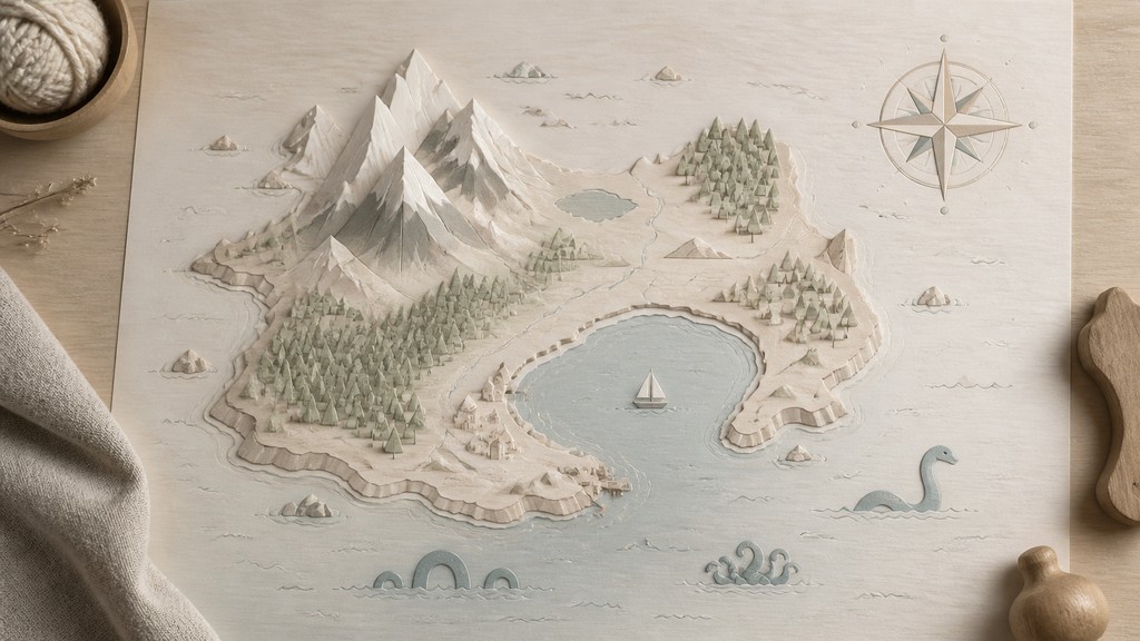 a map of an island realm with mountains, forests, a sheltered bay, sea monsters in the water and a compass rose, no text labels