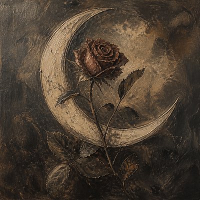 a rose entwined with a crescent moon, clean balanced composition on a plain background, no text