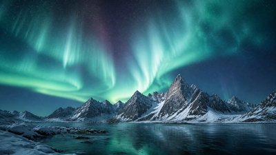 a flowing aurora over snowy peaks, wide sweeping composition, no people, no text
