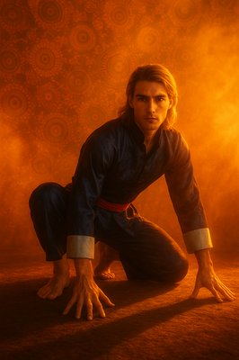 a man kneeling on the ground in front of a yellow background