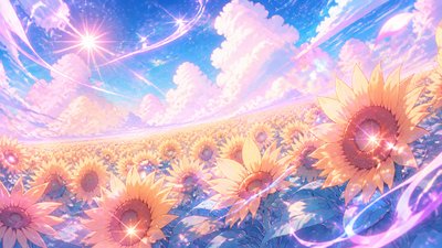 an endless field of sunflowers under summer clouds, no people