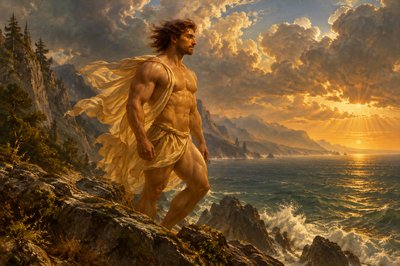 a painting of a man standing on a rocky cliff