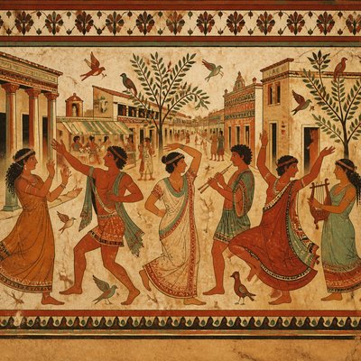 urban street with city activity — Etruscan Art Style
