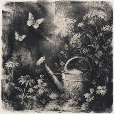 a garden scene with butterflies, flowers and a watering can, clean uncolored line art, no text