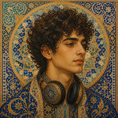 head-and-shoulders portrait of an original character: a young man with curly dark hair and headphones around his neck, plain backdrop, no text