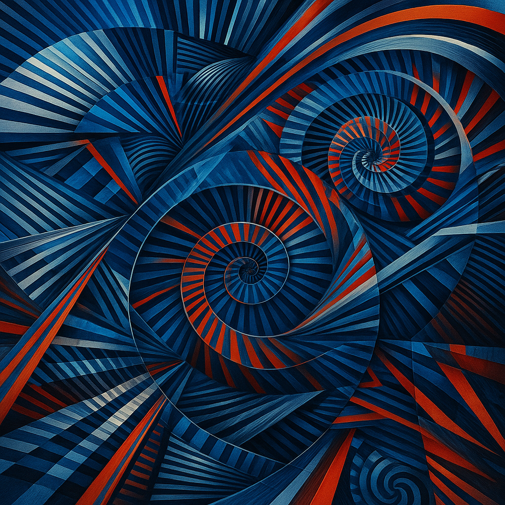 a painting of blue and red shapes