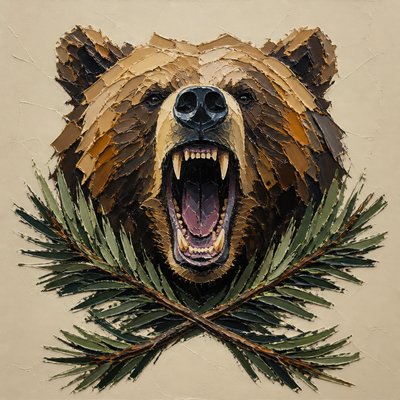 a roaring bear head above crossed pine branches, bold graphic composition on a plain background, no text