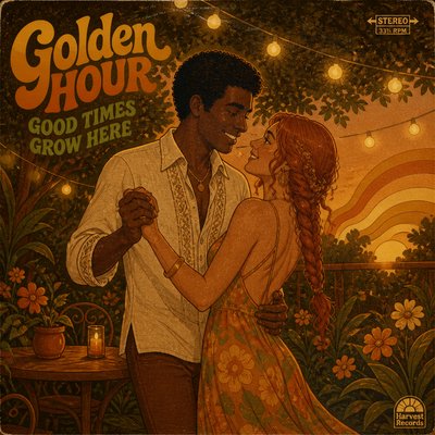 an original couple dancing under string lights in a garden at dusk: a man with short black hair in a linen shirt and a woman with braided red hair in a summer dress