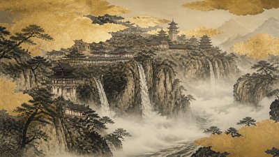 a cliffside city with waterfalls cascading into a misty canyon, wide establishing shot, no people, no text