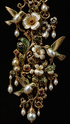 a climbing vine of flowers and hummingbirds on a dark background, tall wrapping composition, no text