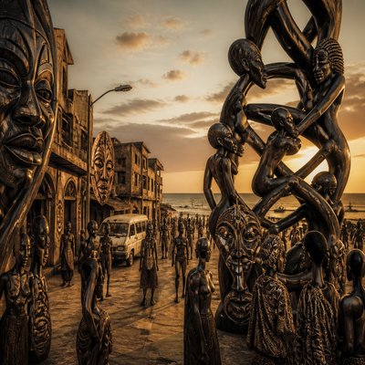 urban street with city activity — Mozambican Art Style