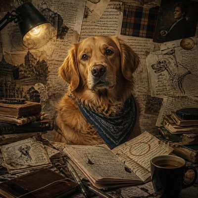 portrait of a golden retriever wearing a blue bandana, warm plain backdrop, no text