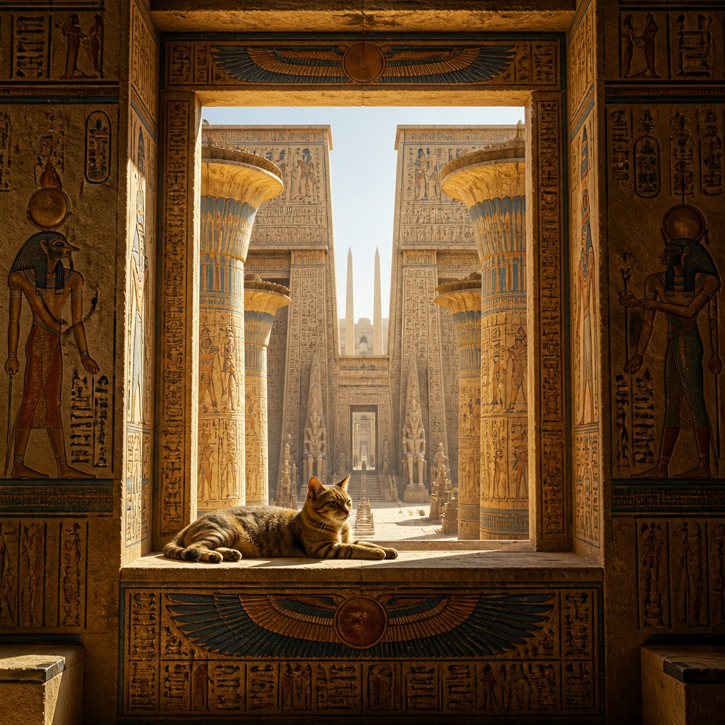 a cat lounging in a sunlit window — Ancient Egyptian Architecture