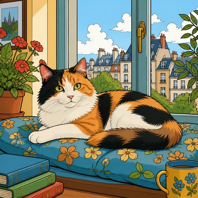 a fluffy calico cat lounging on a cushion in a sunlit window, no people