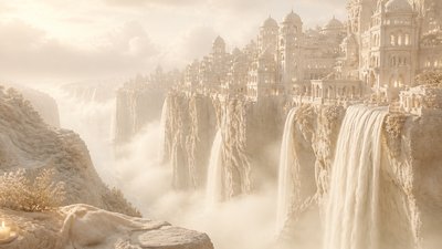 a cliffside city with waterfalls cascading into a misty canyon, wide establishing shot, no people, no text