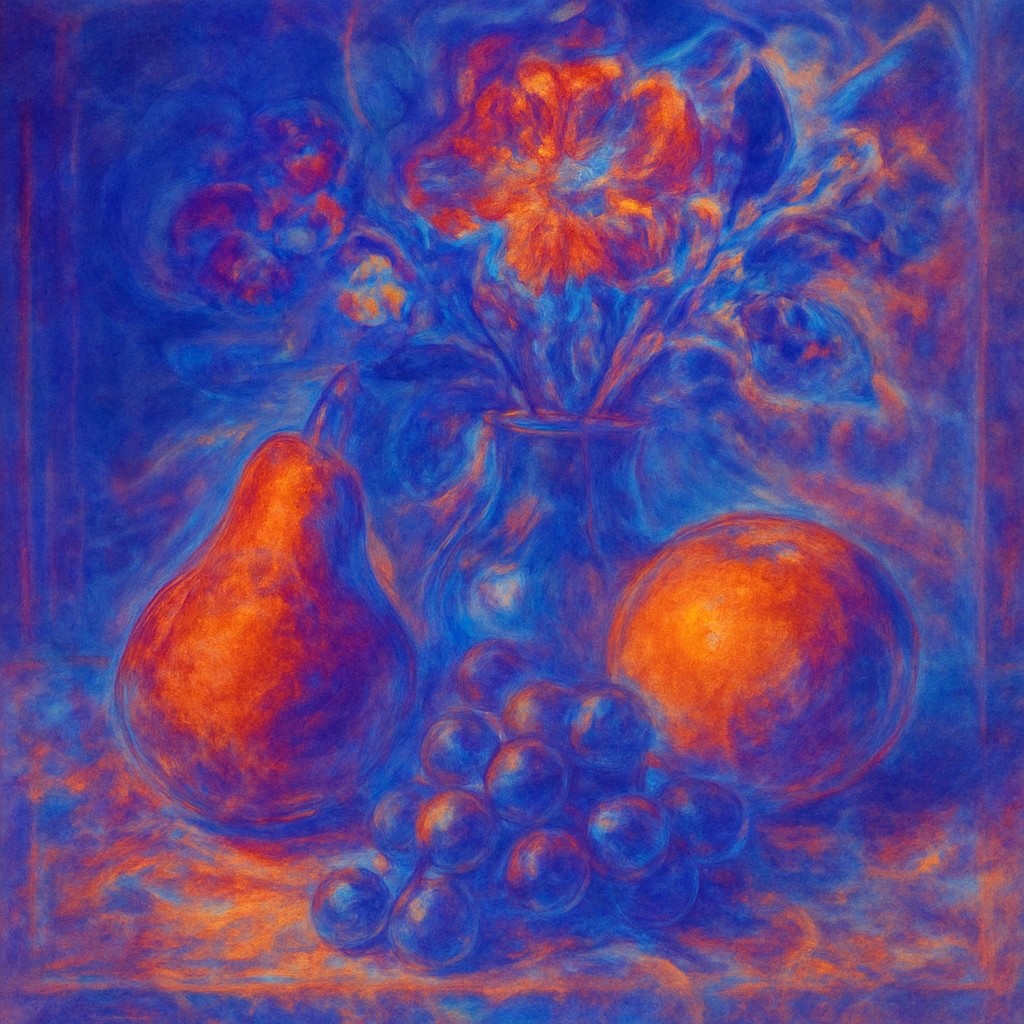 still life arrangement of fruits and flowers
