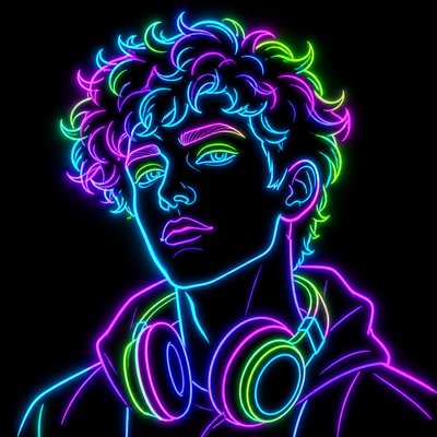 head-and-shoulders portrait of an original character: a young man with curly dark hair and headphones around his neck, plain backdrop, no text