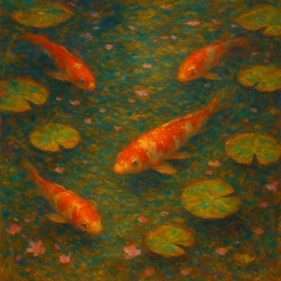 A koi pond seen from above, orange and white koi fish swimming among lily pads, clear water with subtle ripples, fallen cherry blossom petals floating on the surface, dappled sunlight