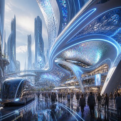 urban street with city activity — Futuristic Architecture Art