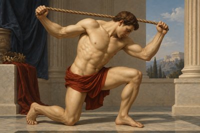 a painting of a man holding a rope over his head