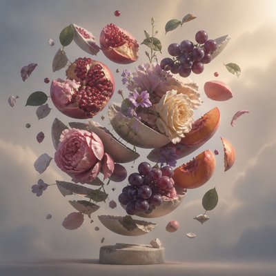 still life arrangement of fruits and flowers