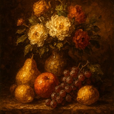 still life arrangement of fruits and flowers