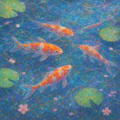 A koi pond seen from above, orange and white koi fish swimming among lily pads, clear water with subtle ripples, fallen cherry blossom petals floating on the surface, dappled sunlight