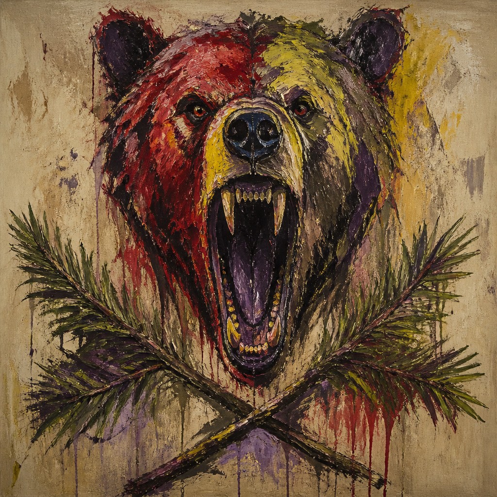 a roaring bear head above crossed pine branches, bold graphic composition on a plain background, no text