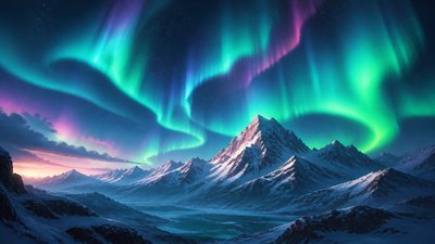 a flowing aurora over snowy peaks, wide sweeping composition, no people, no text