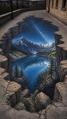 a tranquil mountain lake beneath a starry night sky, no people, no text