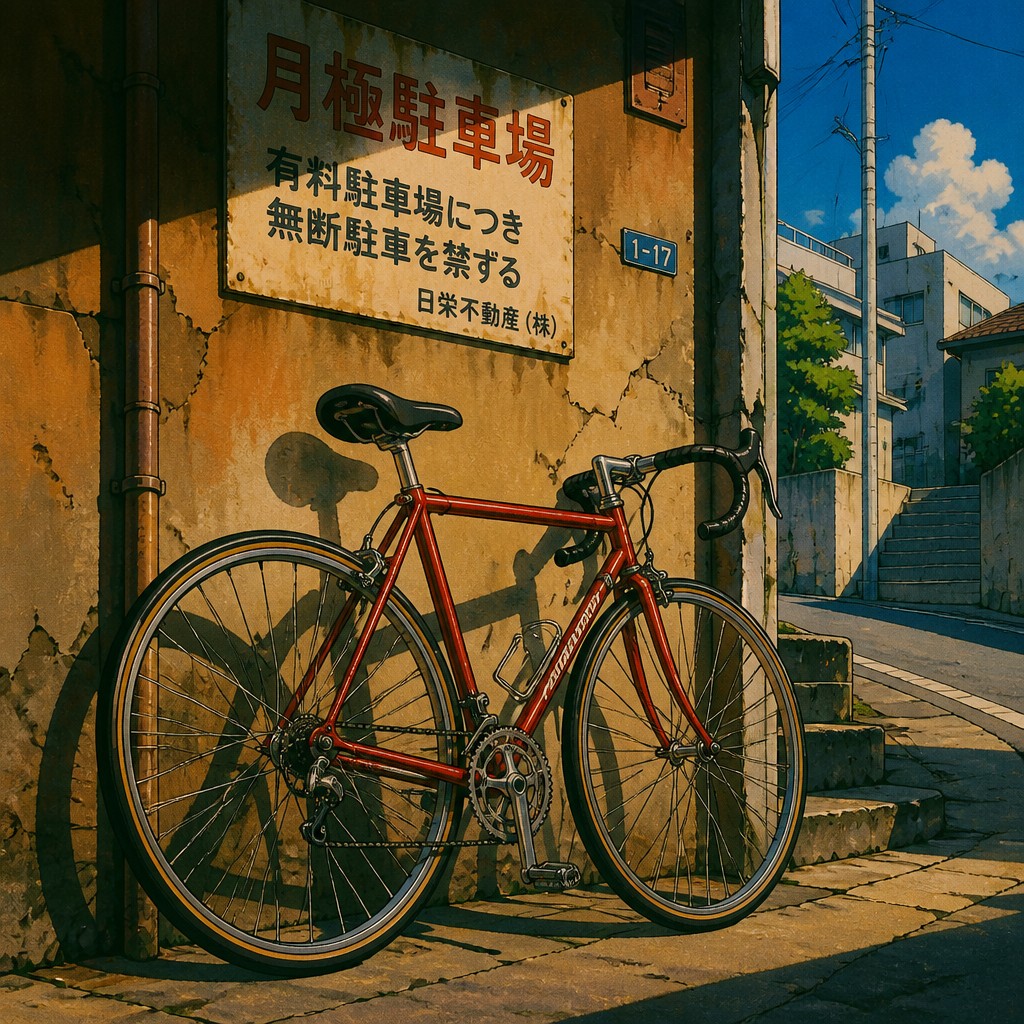 bicyle resting against a wall — Classic 90s Anime Art Style