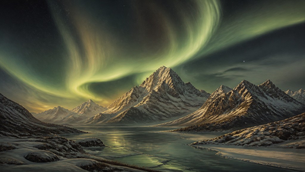 a flowing aurora over snowy peaks, wide sweeping composition, no people, no text