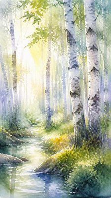a serene birch forest in soft morning light, no people, no text