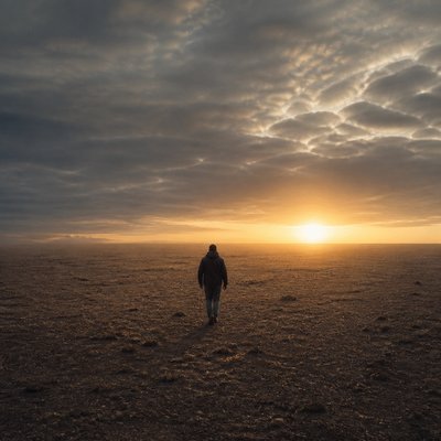 a solitary figure walking toward a glowing horizon across an empty plain, moody atmosphere, no text or lettering