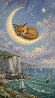 a sleeping baby fox curled on a crescent moon among soft stars, gentle and warm, no text