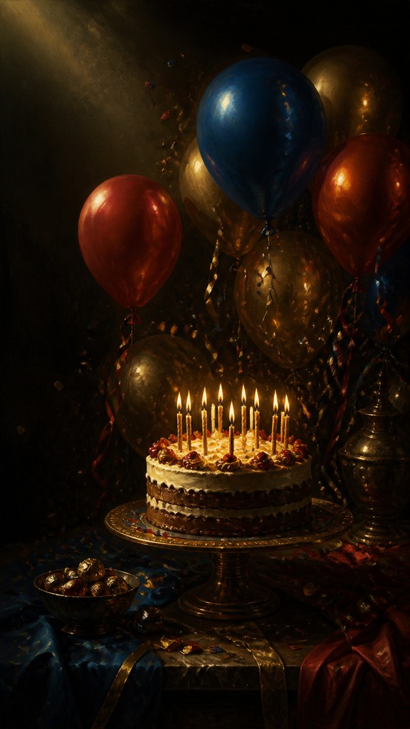 a birthday cake with lit candles surrounded by balloons and confetti, festive vertical composition, no text