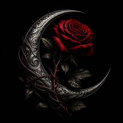 a rose entwined with a crescent moon, clean balanced composition on a plain background, no text